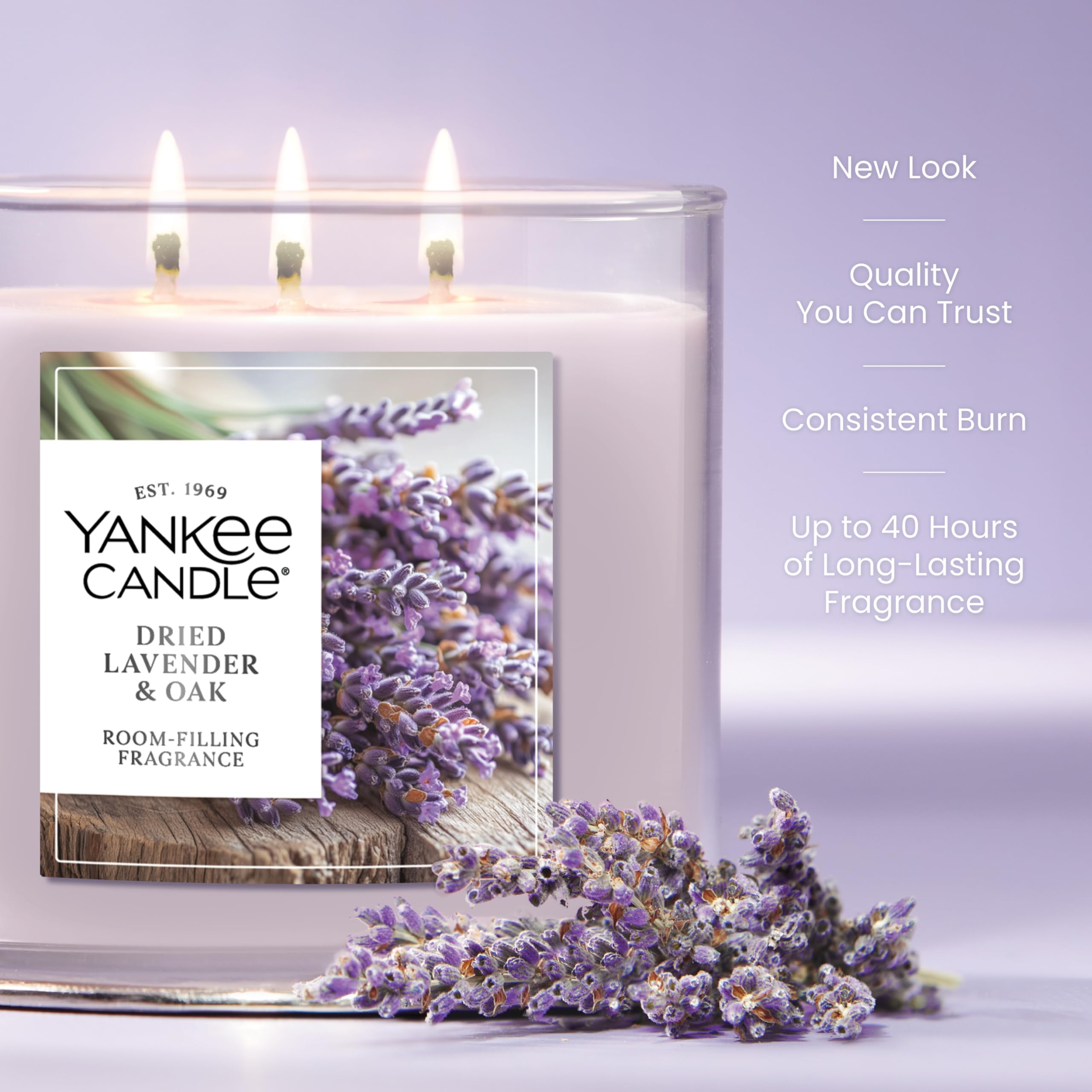 Yankee Candle Dried Lavender & Oak wax blend detail emphasizes quality and consistent scent throw