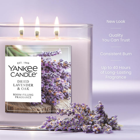 Yankee Candle Dried Lavender & Oak wax blend detail emphasizes quality and consistent scent throw