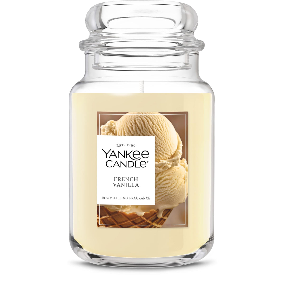 Yankee Candle French Vanilla large jar label highlighting premium packaging and fragrance promise