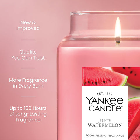 Yankee Candle Juicy Watermelon notes featuring melon, strawberry, kiwi, freesia aroma