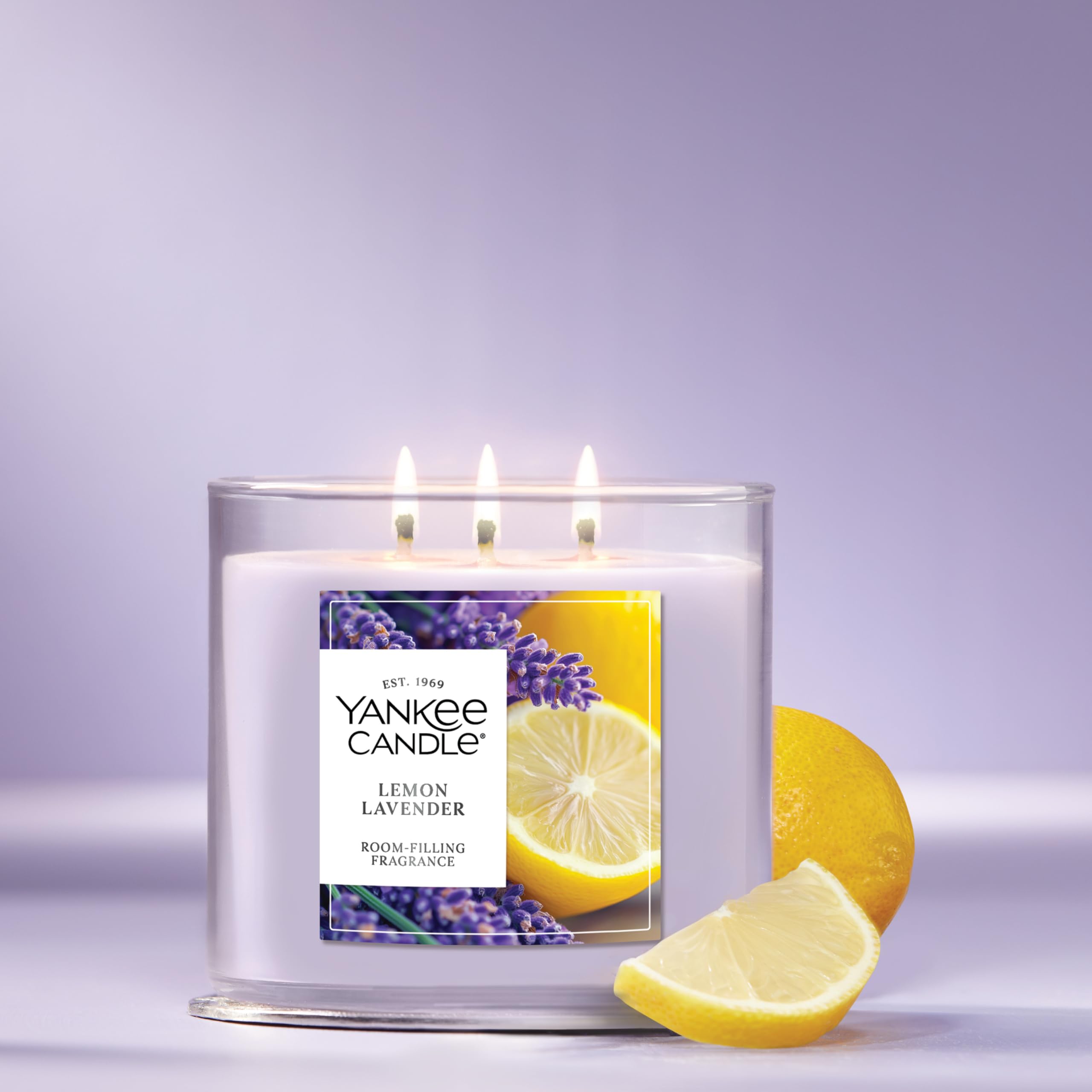 Yankee Candle Lemon Lavender jar with lid preserves fragrance between uses.