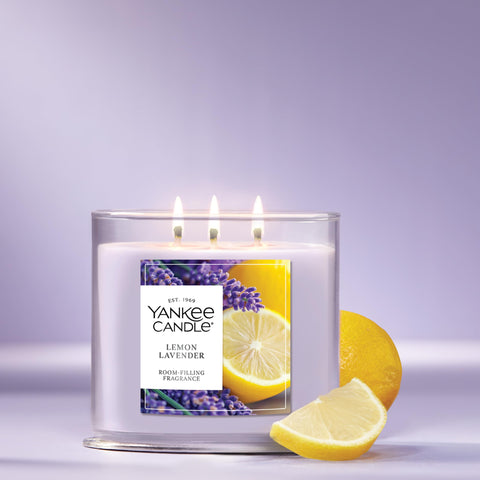 Yankee Candle Lemon Lavender jar with lid preserves fragrance between uses.