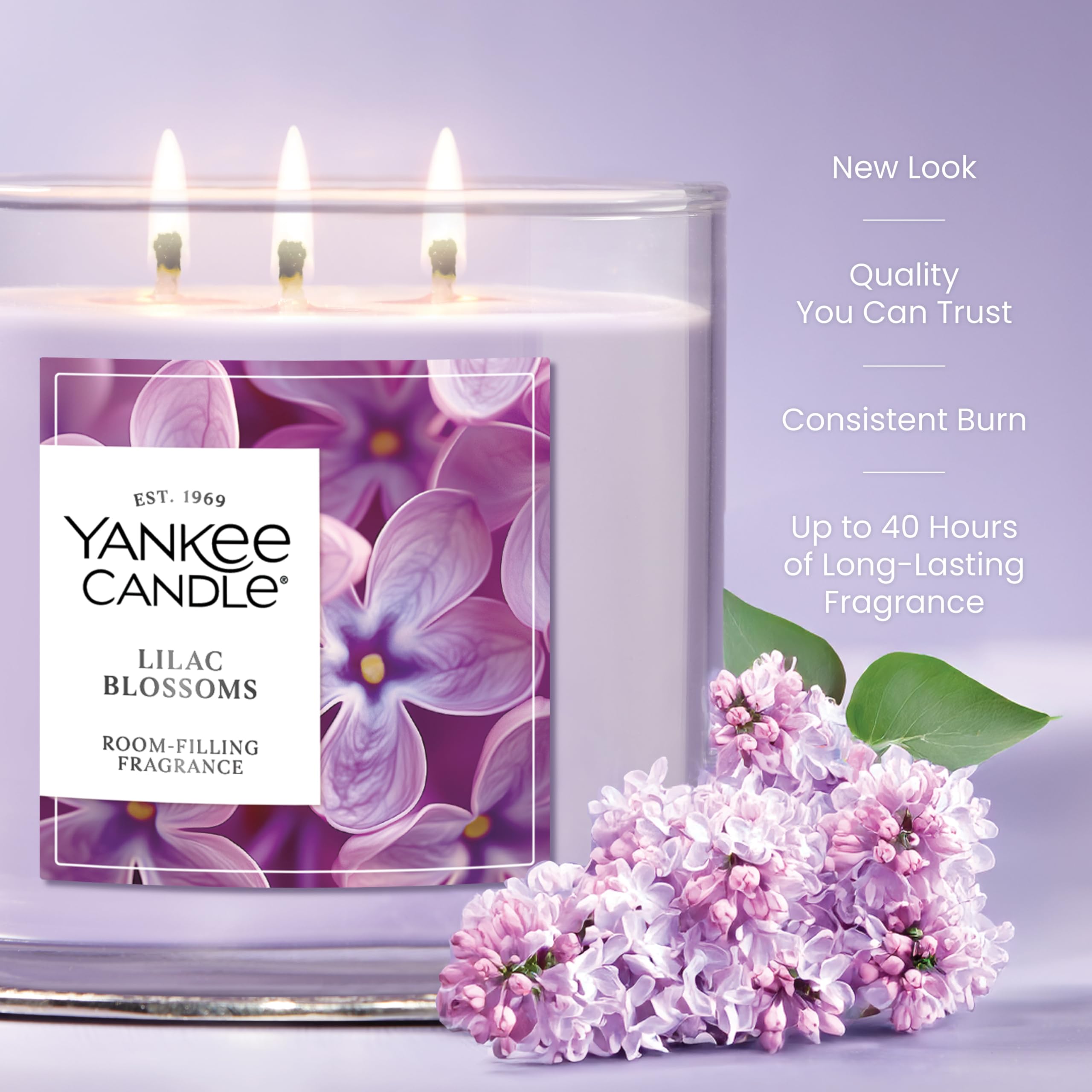 Yankee Candle Lilac Blossoms uses three natural-fiber wicks for steady fragrance.