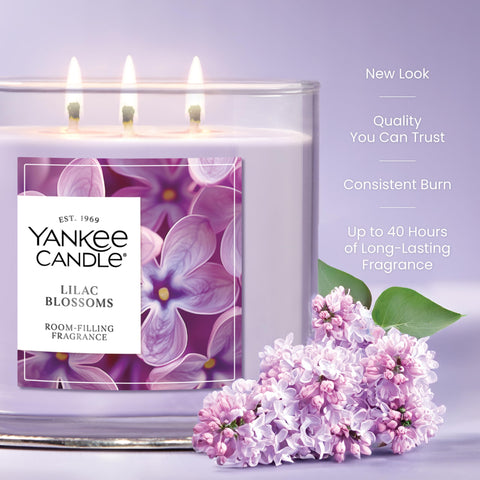 Yankee Candle Lilac Blossoms uses three natural-fiber wicks for steady fragrance.