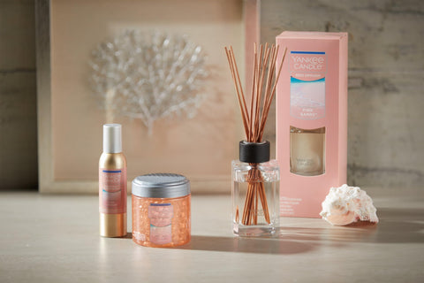 Close-up Yankee Candle Pink Sands fragrance label for premium scent recognition.