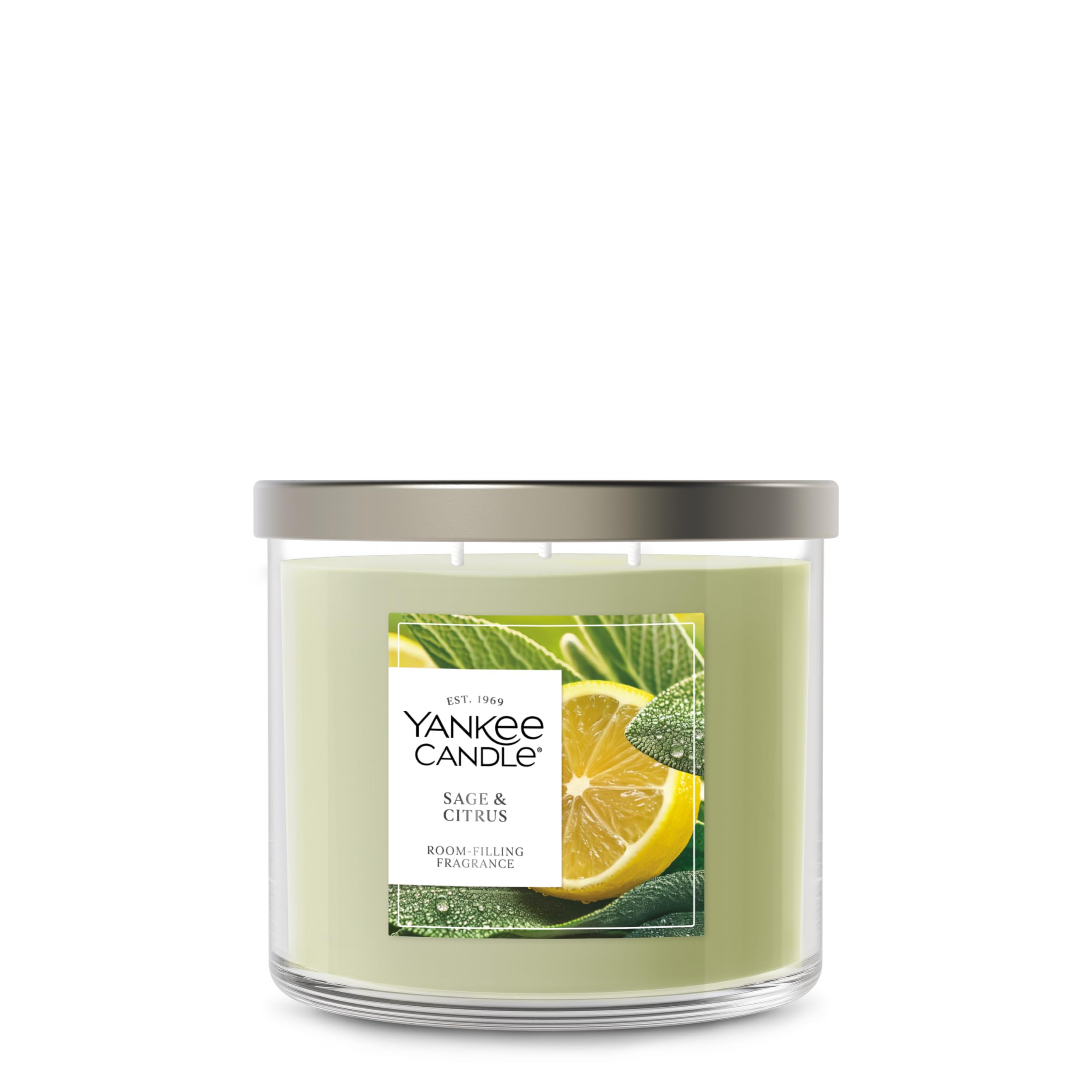 Yankee Candle Sage and Citrus 3-wick jar ready to refresh a living room.