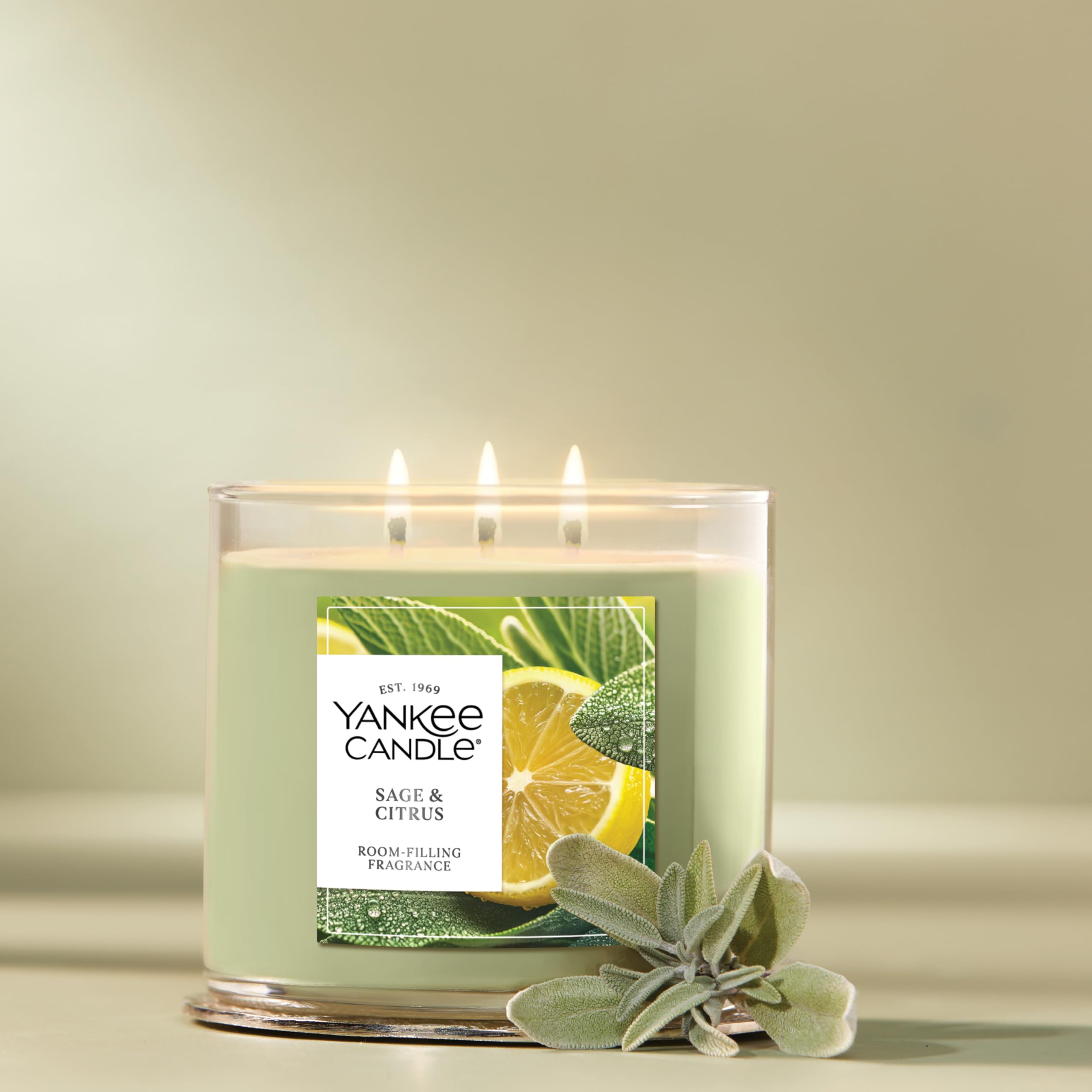 Yankee Candle Sage and Citrus wax blend shown for long-lasting scent throw.
