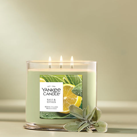 Yankee Candle Sage and Citrus wax blend shown for long-lasting scent throw.