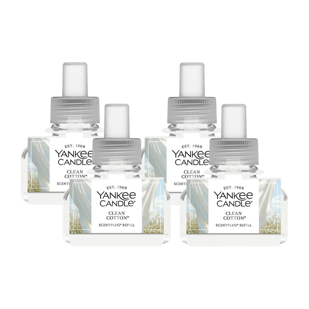 Yankee Candle ScentPlug refill bottle snapped into base for lasting Clean Cotton fragrance.