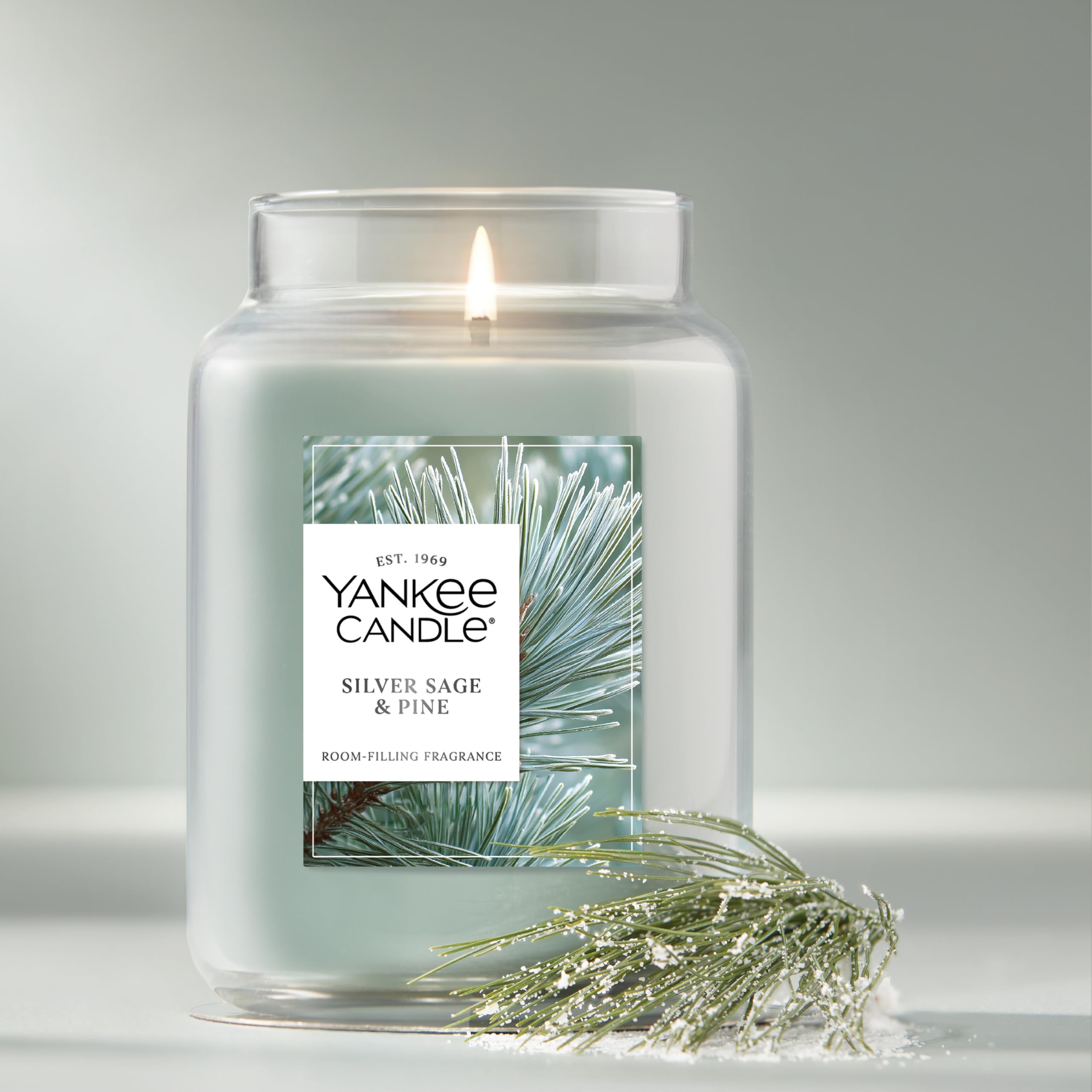 Yankee Candle Silver Sage & Pine label close-up emphasizes premium ingredients.
