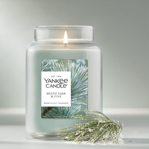 Yankee Candle Silver Sage & Pine label close-up emphasizes premium ingredients.