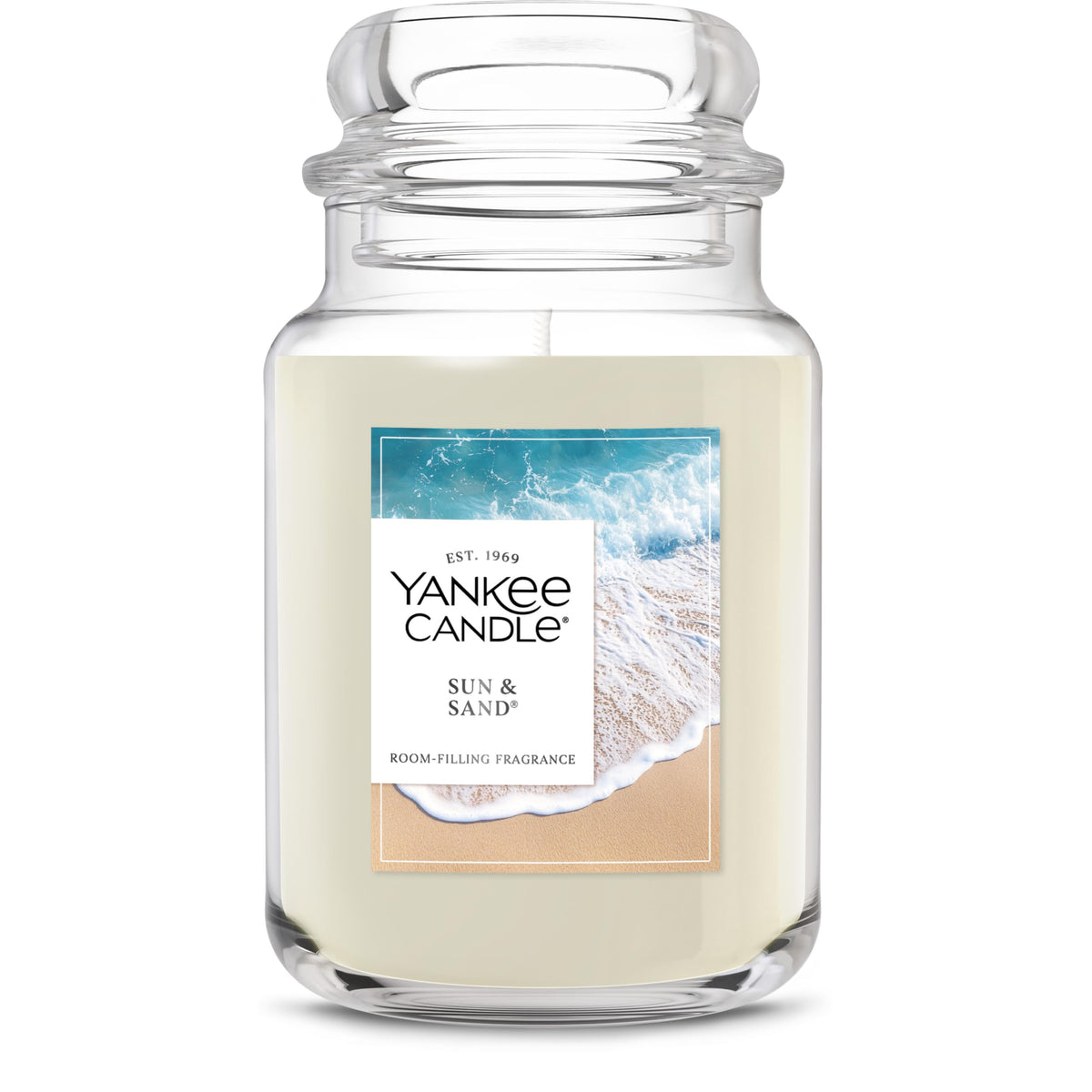 Yankee Candle Sun and Sand jar closeup highlights vibrant fragrance for a bright living room