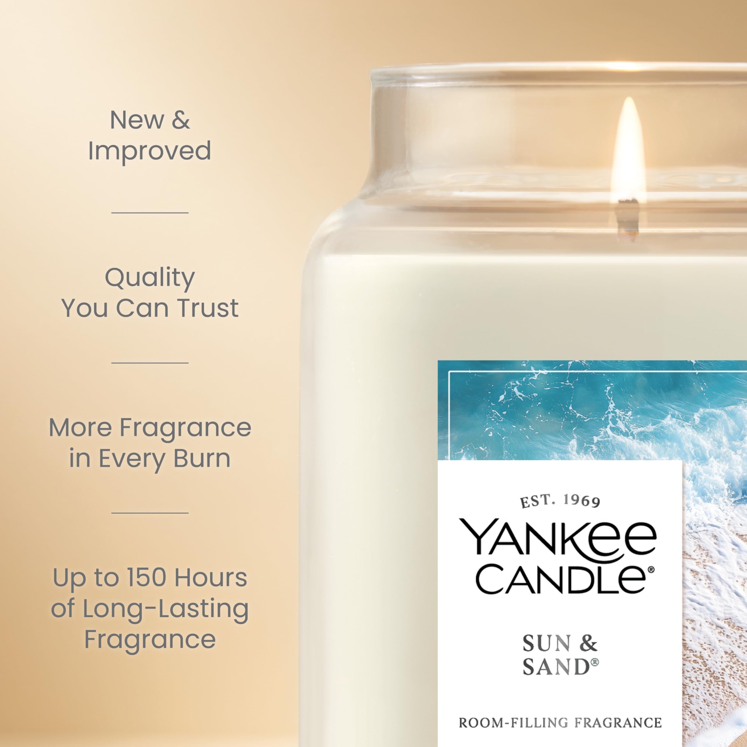 Yankee Candle Sun and Sand wick view indicating long lasting performance in evenings