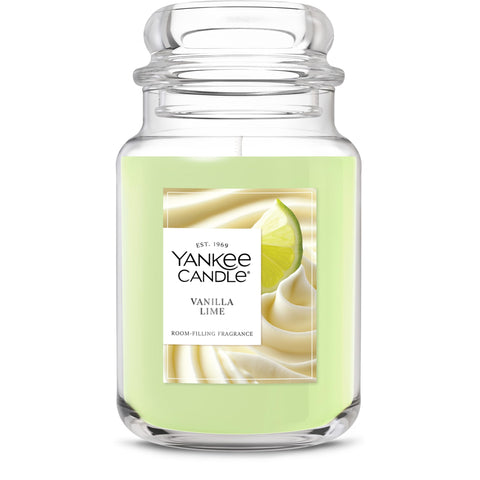Yankee Candle Vanilla Lime large jar in a cozy setting for long lasting fragrance