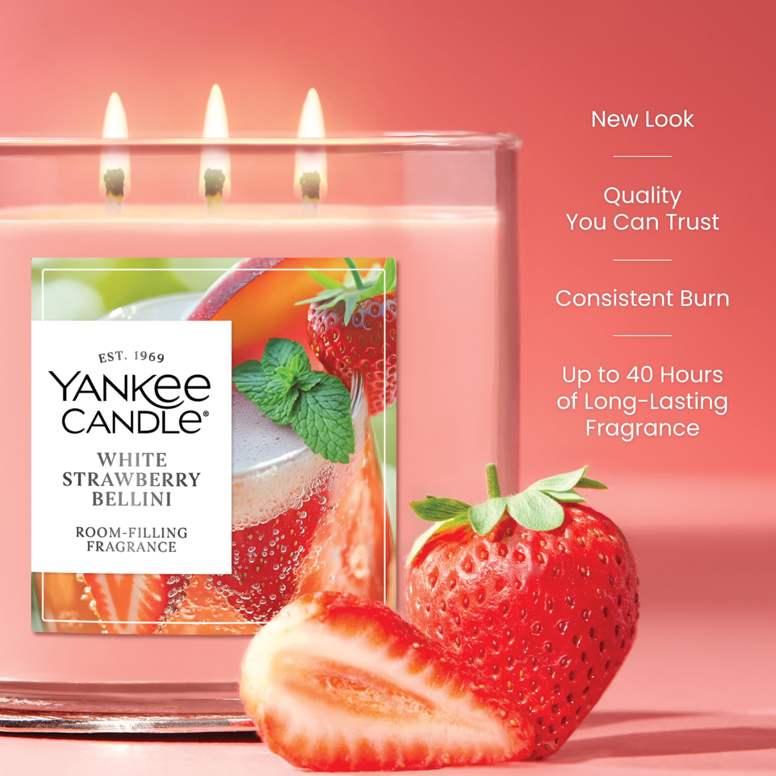 Yankee Candle White Strawberry Bellini jar on table elevating everyday ambiance