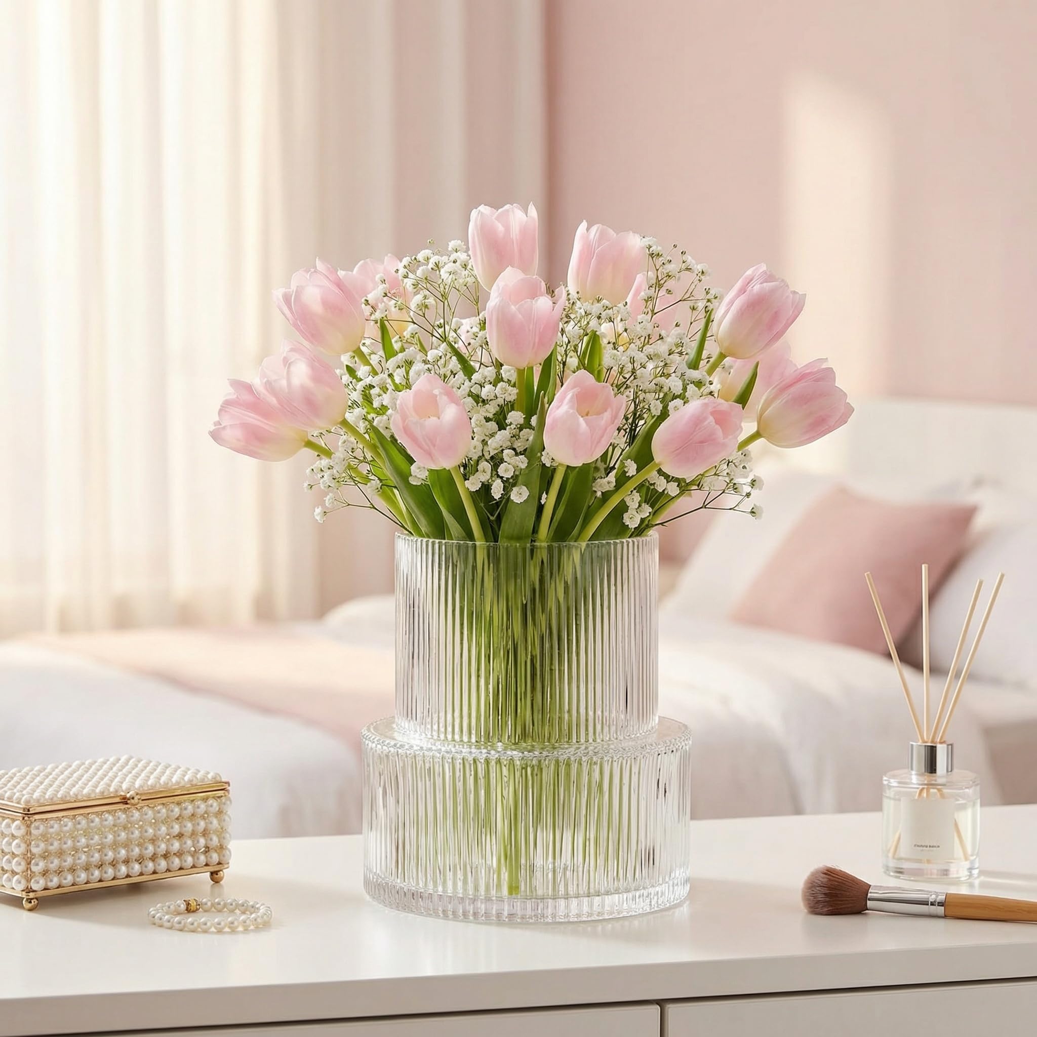 YANWE1 ribbed vase with roses creates a balanced centerpiece for dining or coffee tables