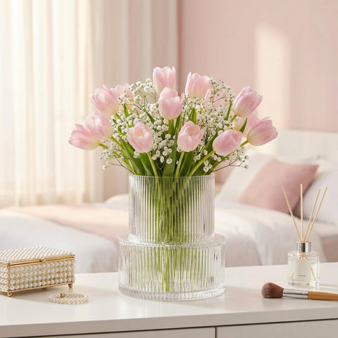 YANWE1 ribbed vase with roses creates a balanced centerpiece for dining or coffee tables