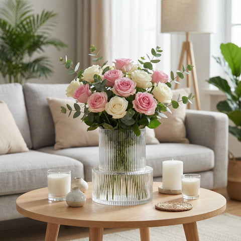 YANWE1 ribbed vase top opening wide for full bouquets and long-stem arrangements