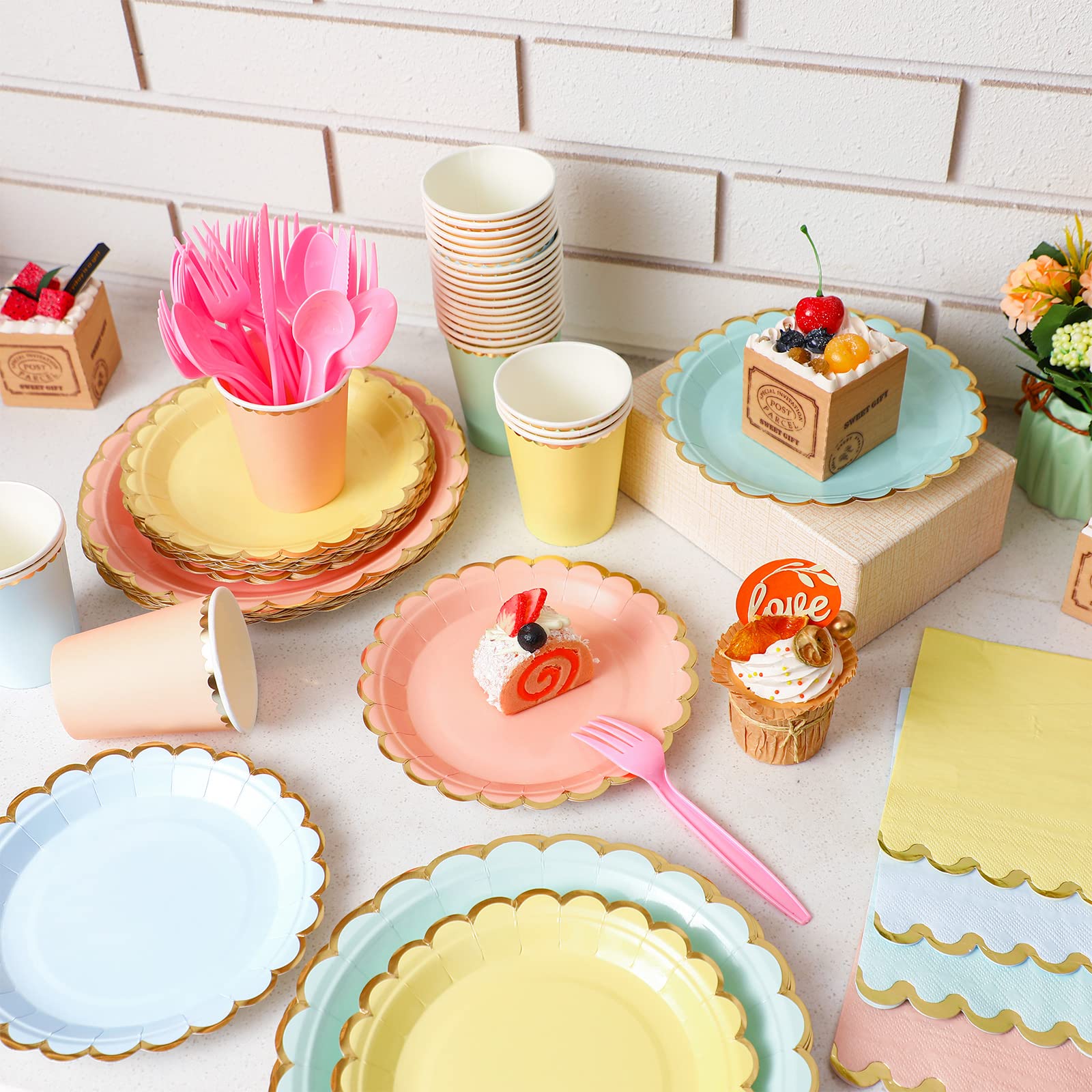 Yaomiao pastel dinnerware set coordinates plates, cups, napkins beautifully.