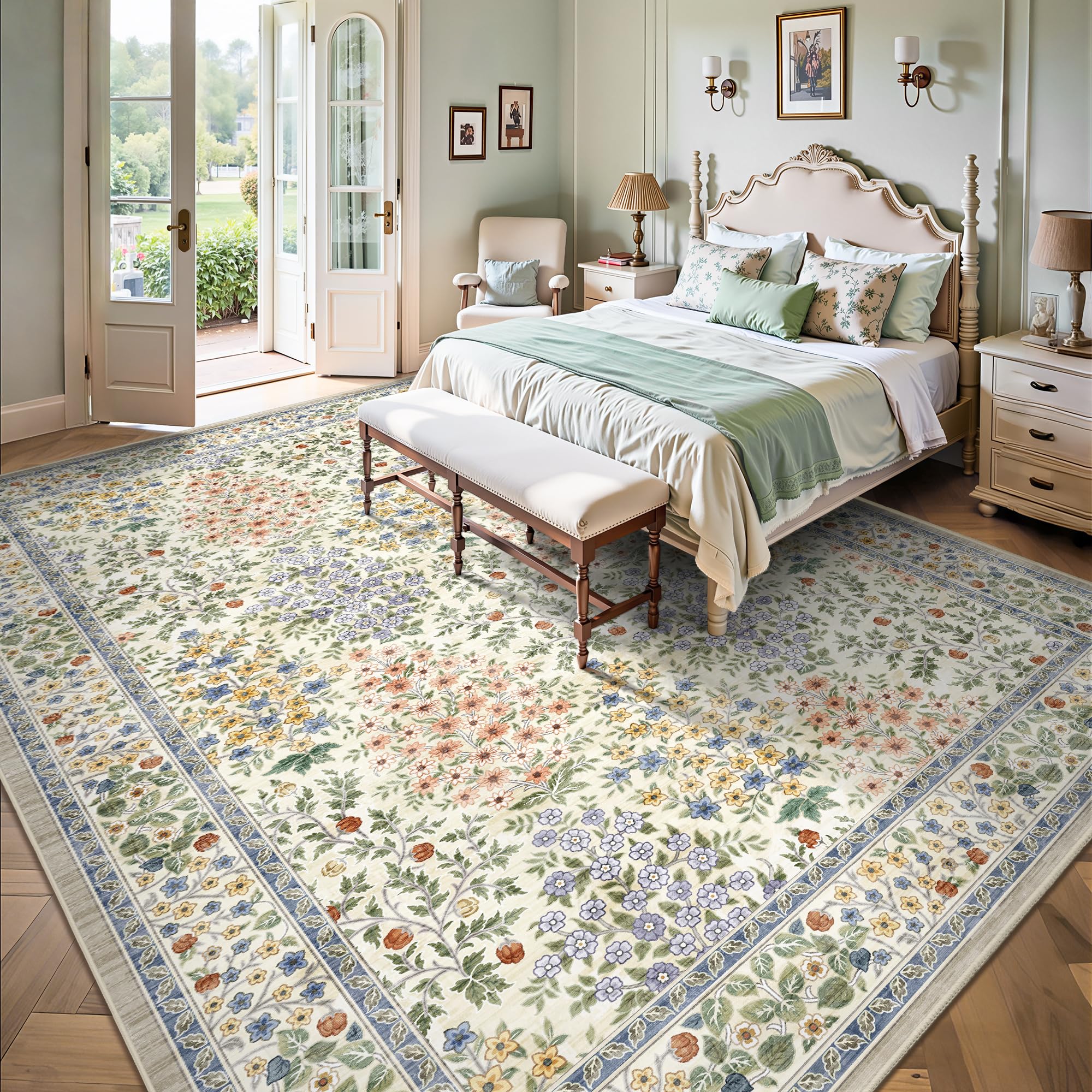 Yarooge beige floral area rug adds warmth and soft texture to bedrooms.