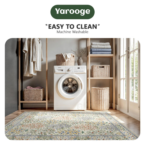 Yarooge machine-washable area rug simplifies refresh and maintenance.
