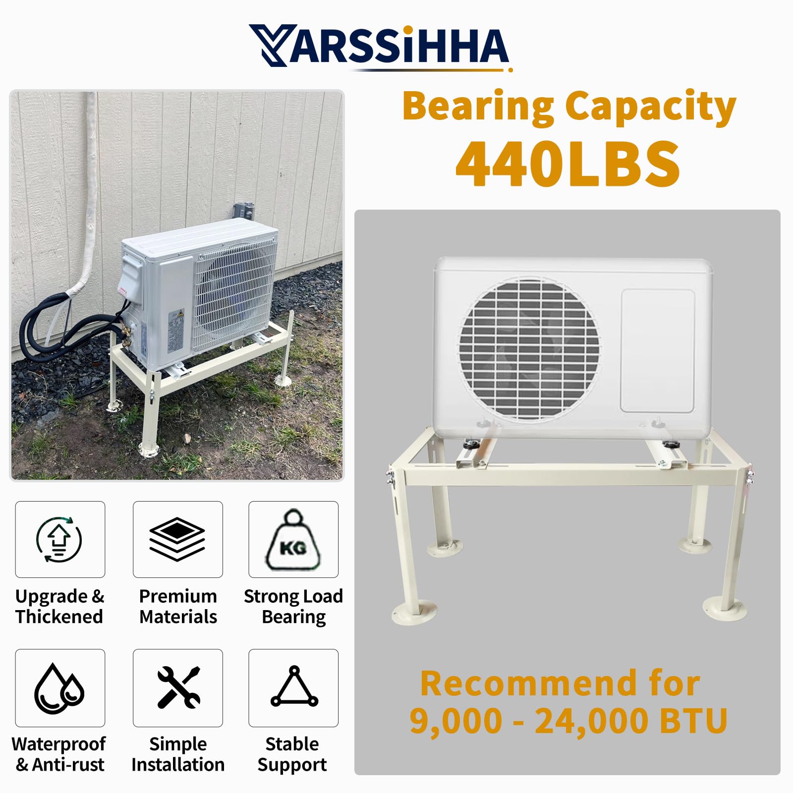 Yarssihha mini split stand adjustable height demonstrates flexible outdoor installation.