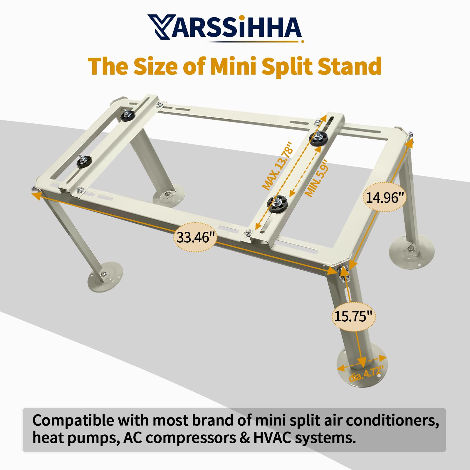 Yarssihha mini split stand side view showing compact footprint and stable base.