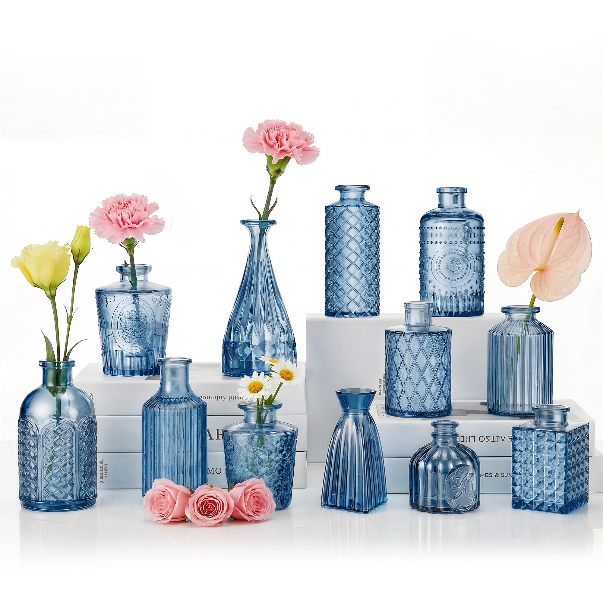 Yasali blue bud vases set with crystal-clear glass for elegant centerpieces