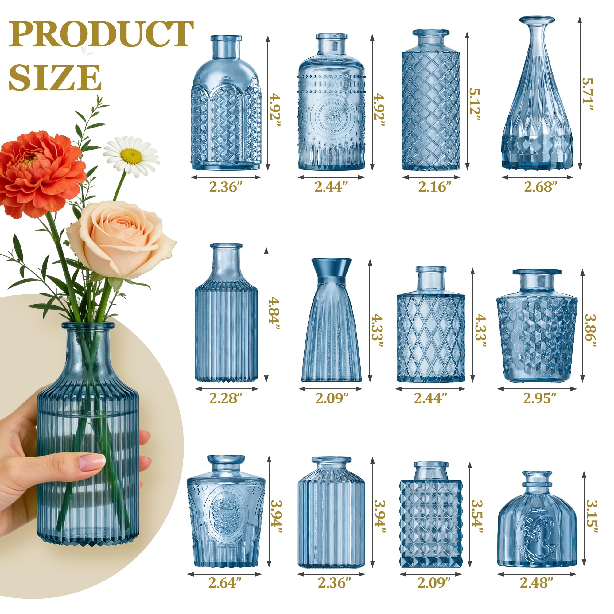 Yasali vintage glass bud vases, 12-piece set for rustic weddings