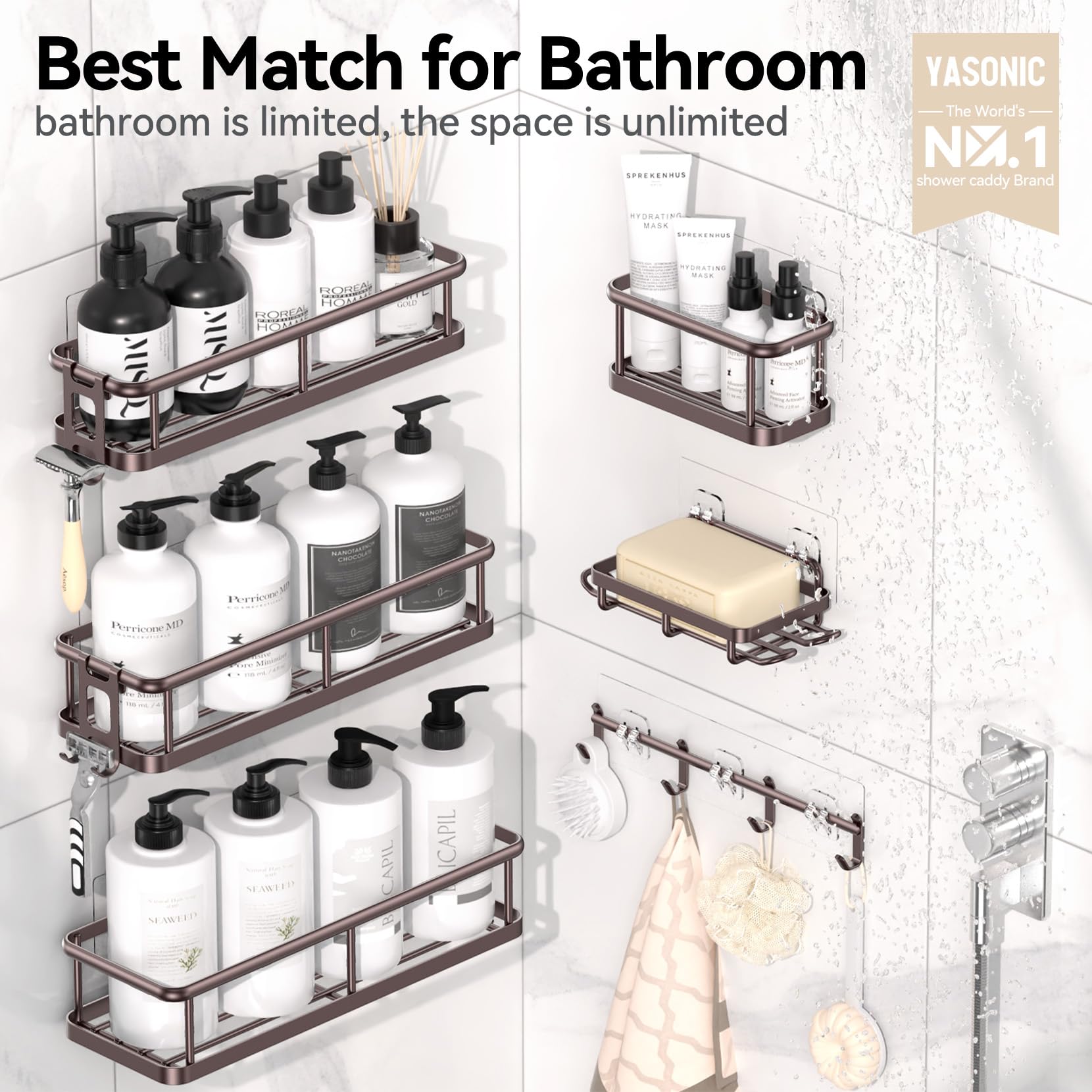 YASONIC adhesive mount shower caddy proving no-drill installation