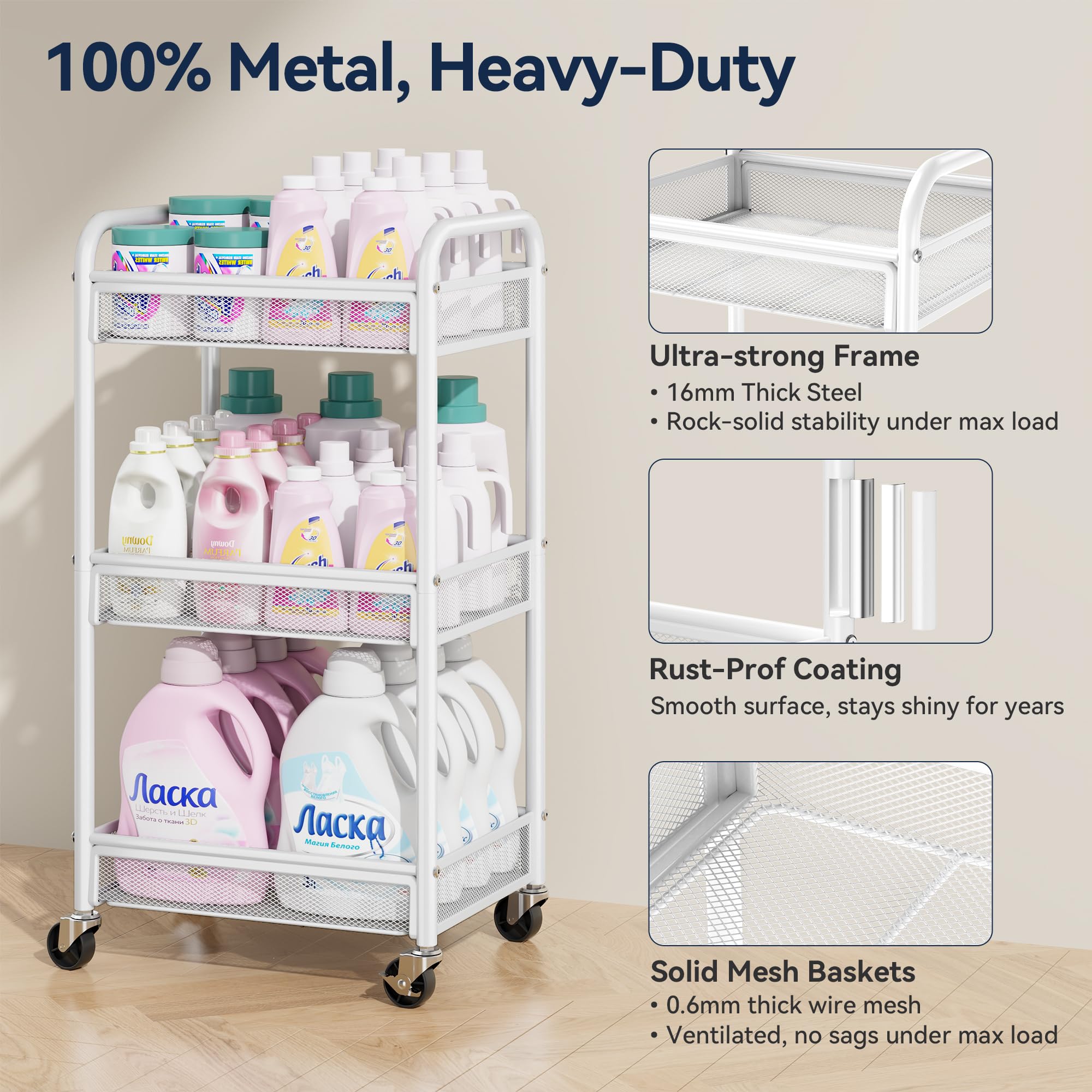 YASONIC 3-tier rolling cart baskets offer spacious storage for kitchen, bath, or craft.
