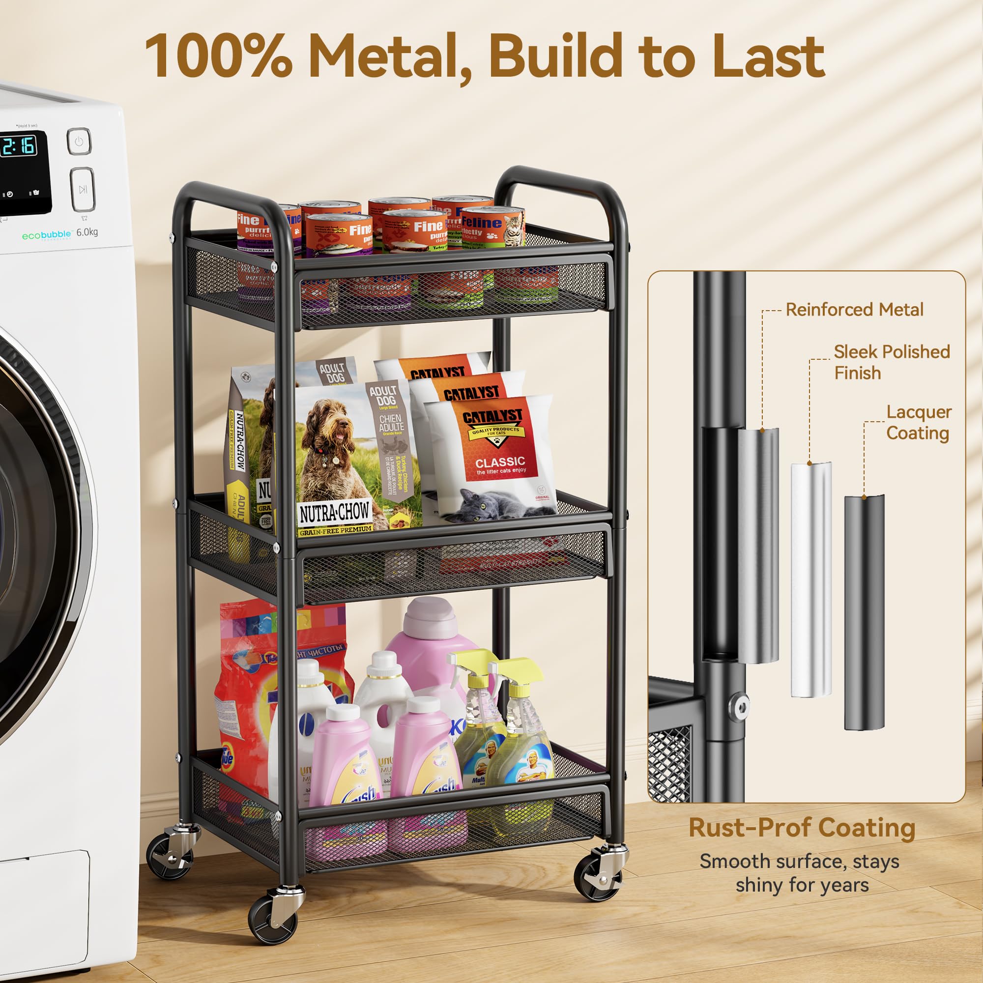 YASONIC rolling cart baskets illustrate ample storage for crafts and kitchen items