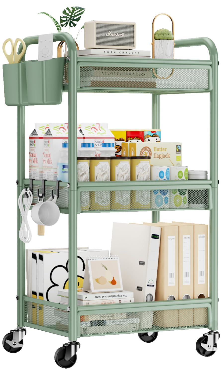 YASONIC 3-tier rolling cart frame closeup highlights sturdy metal for reliable mobility.
