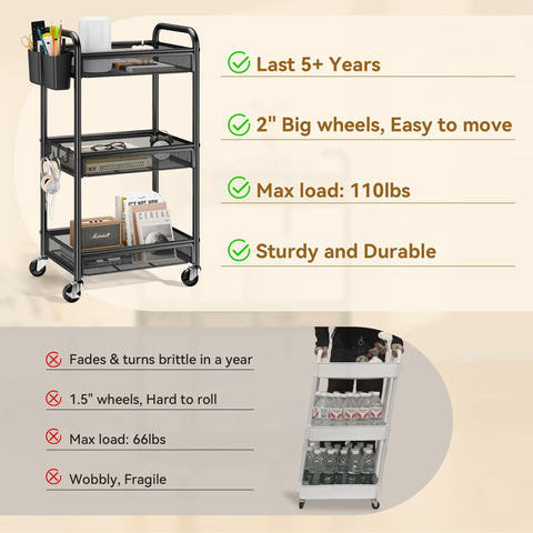 YASONIC 3-tier cart hanging cups provide organized, accessible drinkware and tools