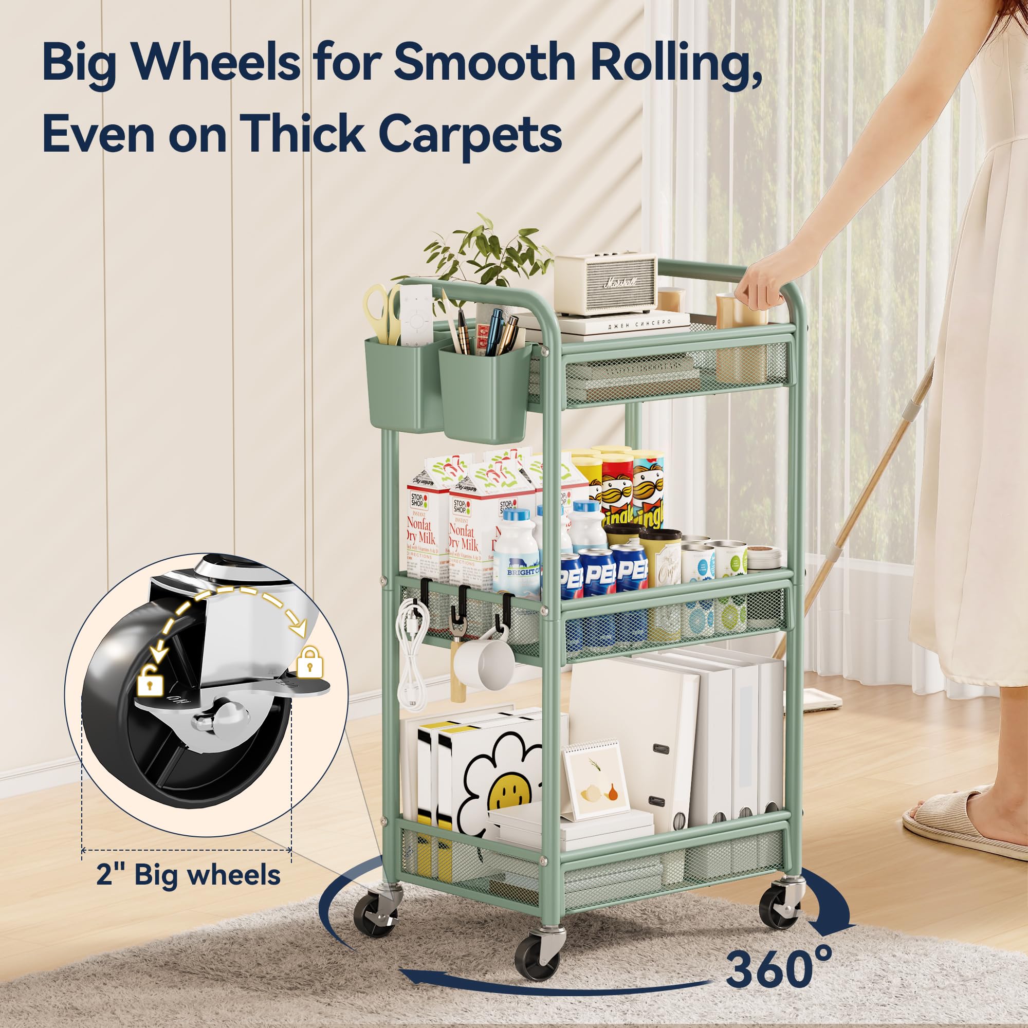 YASONIC 3-tier rolling cart hooks provide flexible hanging options for tools and accessories.