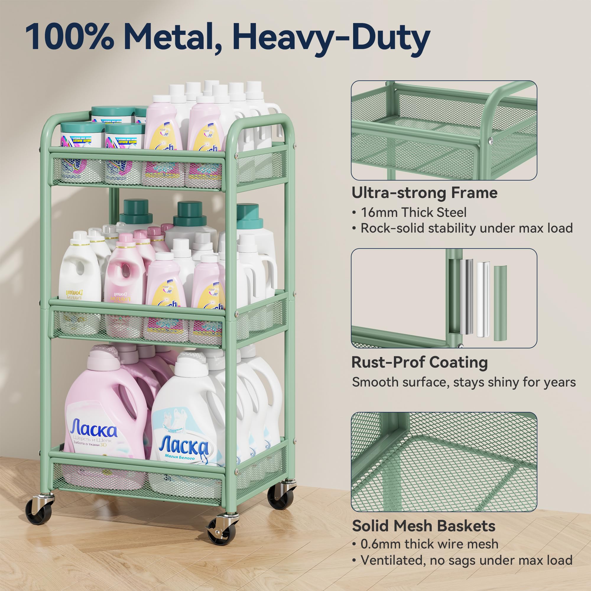YASONIC 3-tier rolling cart mesh basket demonstrates spacious organization for versatile storage.