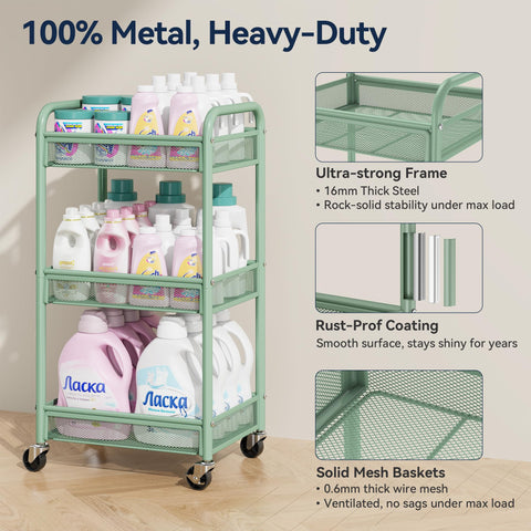 YASONIC 3-tier rolling cart mesh basket demonstrates spacious organization for versatile storage.