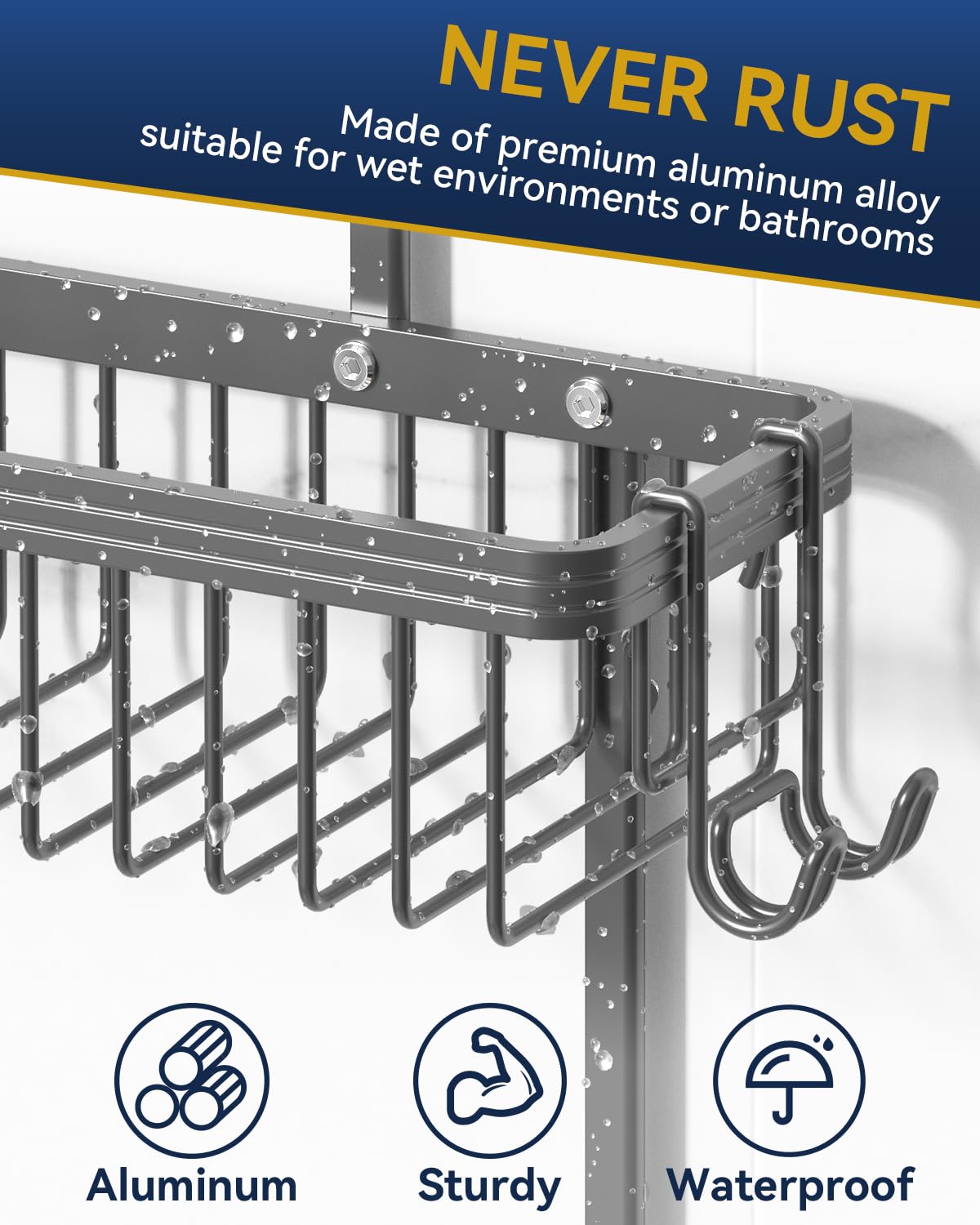YASONIC aluminum shower rack mounted on the shower head reduces clutter.