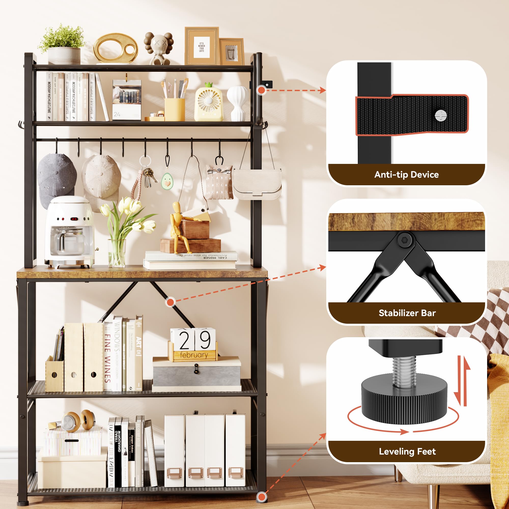 YASONIC bakers rack with diagonal back supports boosts stability.
