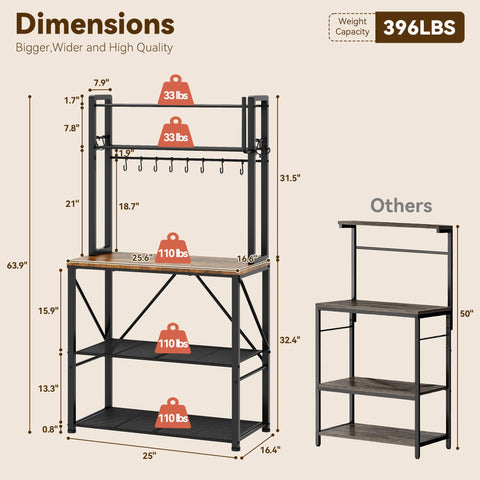 YASONIC bakers rack with S-hooks close-up for flexible utensil space.