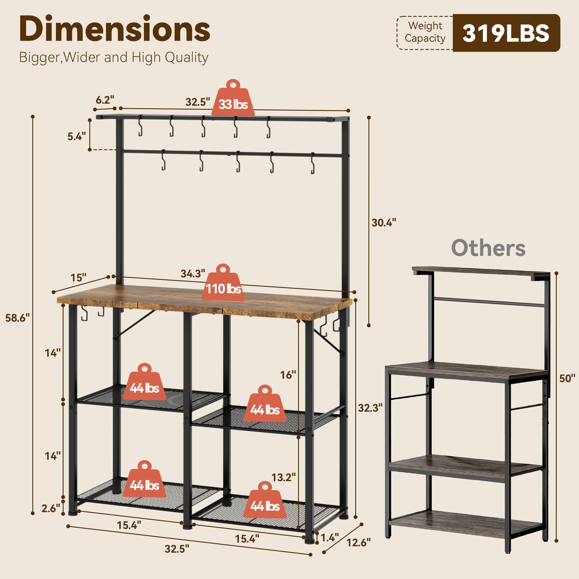 Generic YASONIC S-hooks and four shelves keep mugs, spices, and cookware within reach
