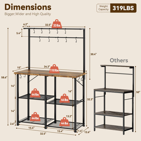 Generic YASONIC S-hooks and four shelves keep mugs, spices, and cookware within reach
