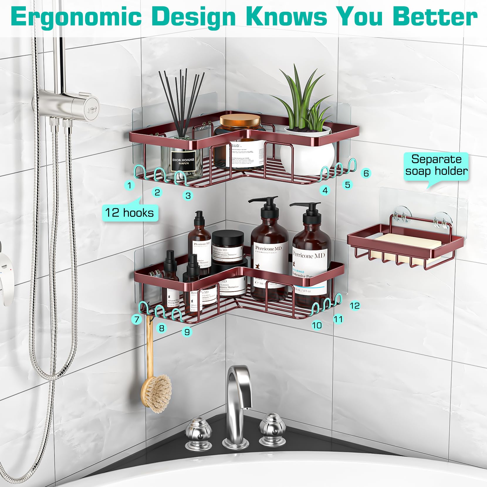 YASONIC bronze soap holder with 12 hooks for easy access to bath tools.