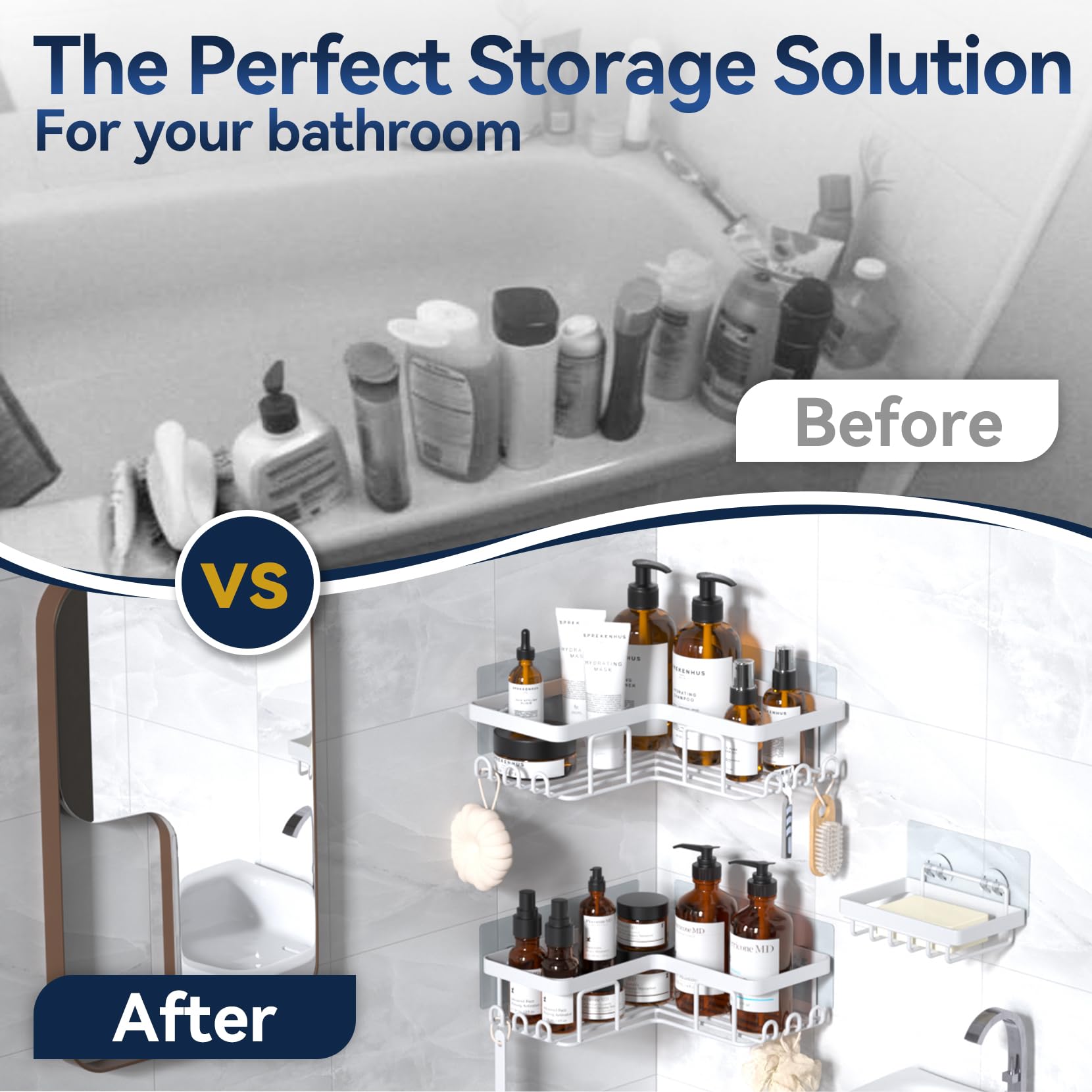 YASONIC corner adhesive shower caddy on tiled bathroom surface