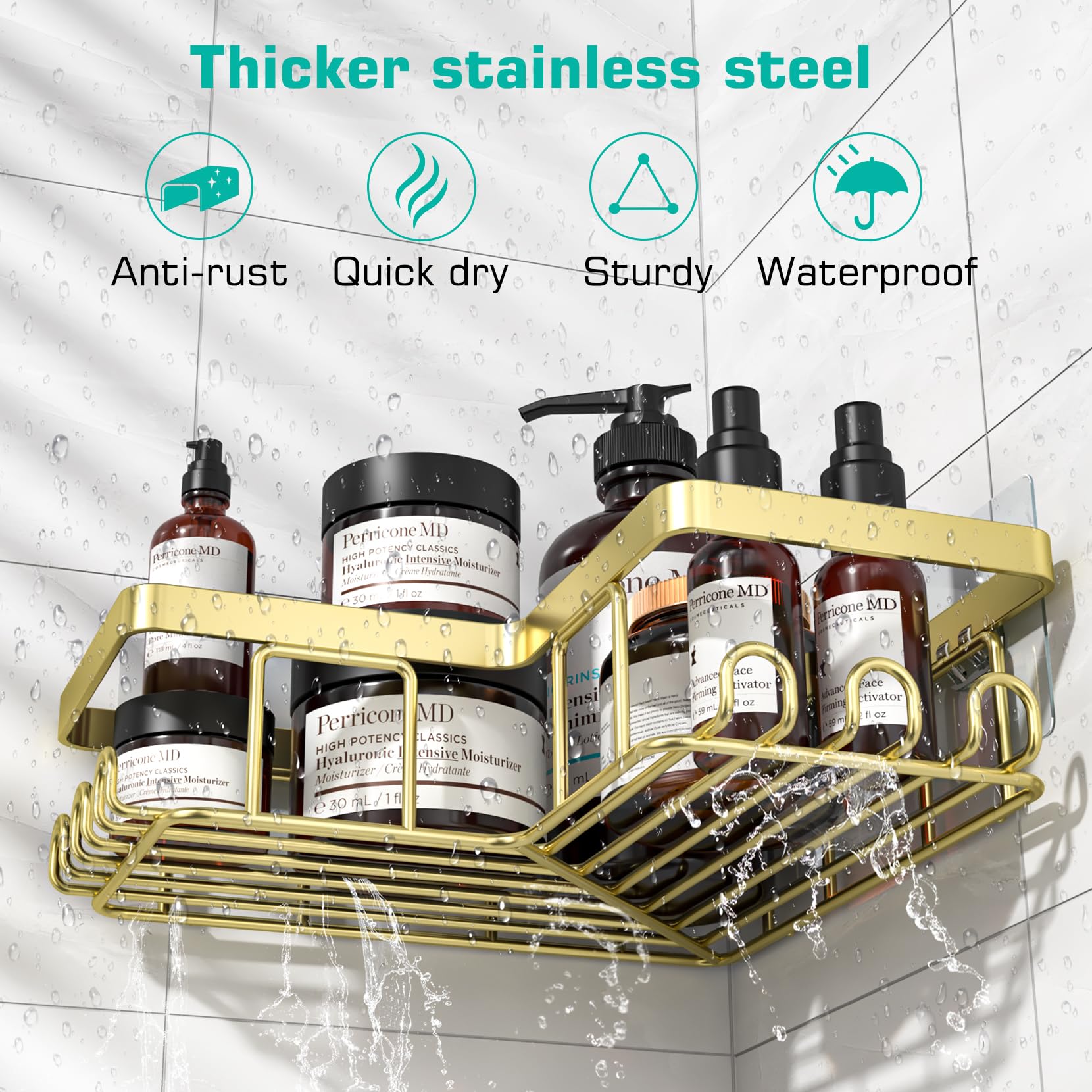 YASONIC corner shower caddy 12-hooks-and-soap-holder keeps brushes, razors, and soap organized within reach.