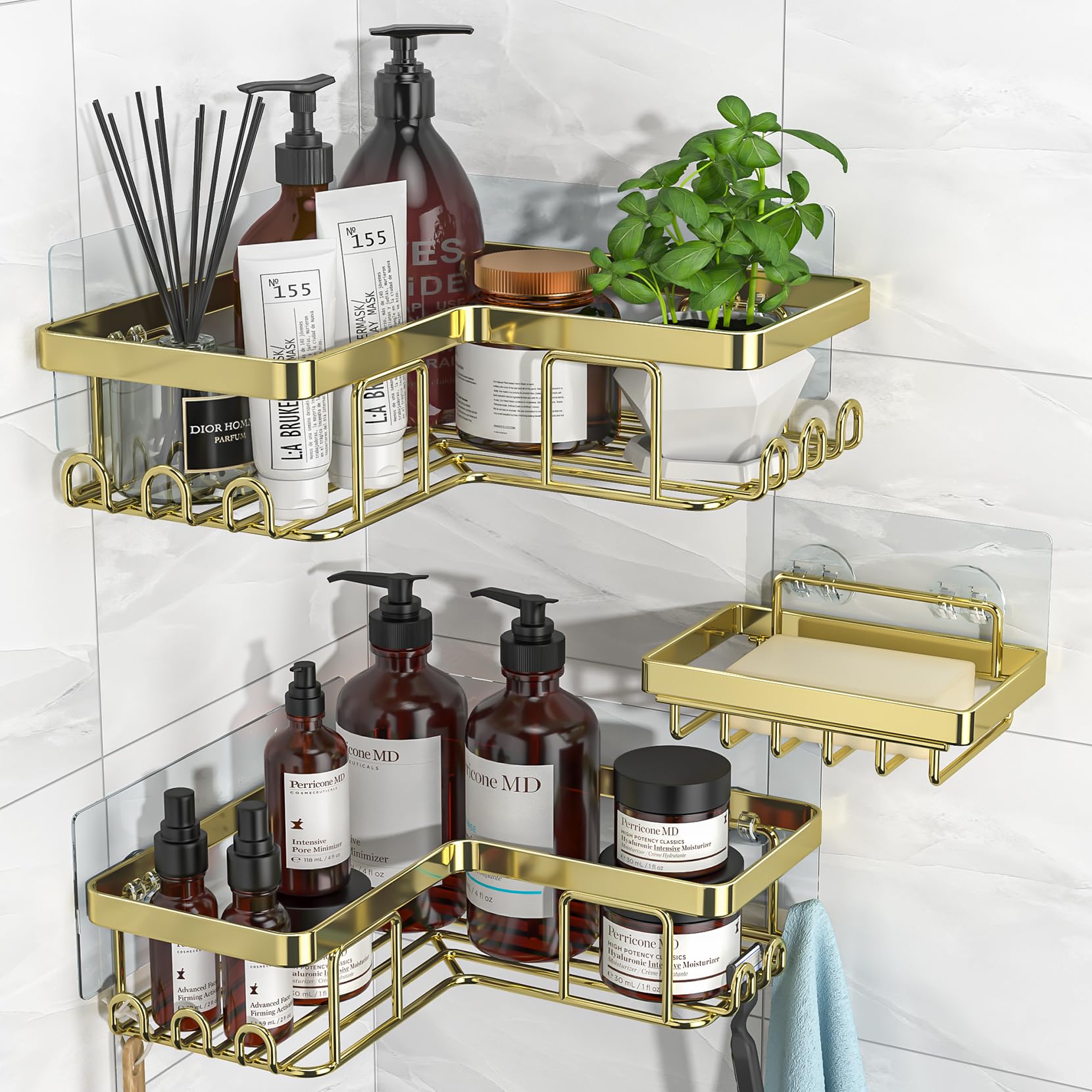 YASONIC corner shower caddy adhesive 3-pack highlights space-saving corner storage for bath essentials.