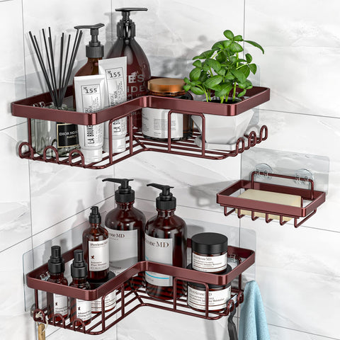 YASONIC corner shower caddy bronze adhesive mount shows space-saving setup in a modern bathroom.