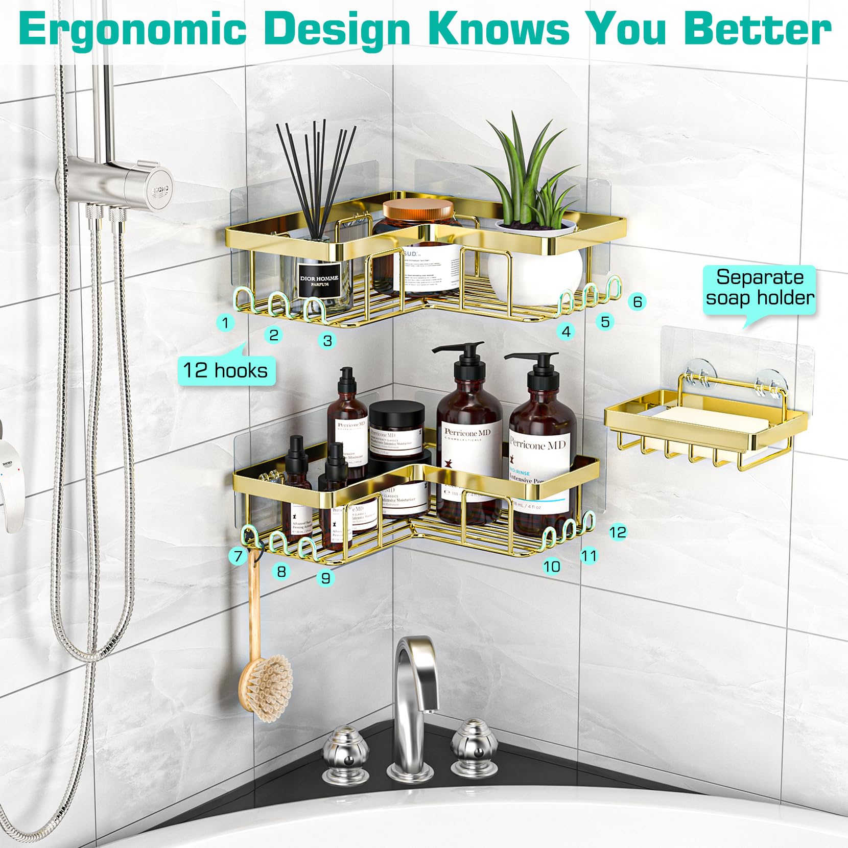 YASONIC corner shower caddy easy-install-removable highlights simple no-drill setup and tool-free removal.