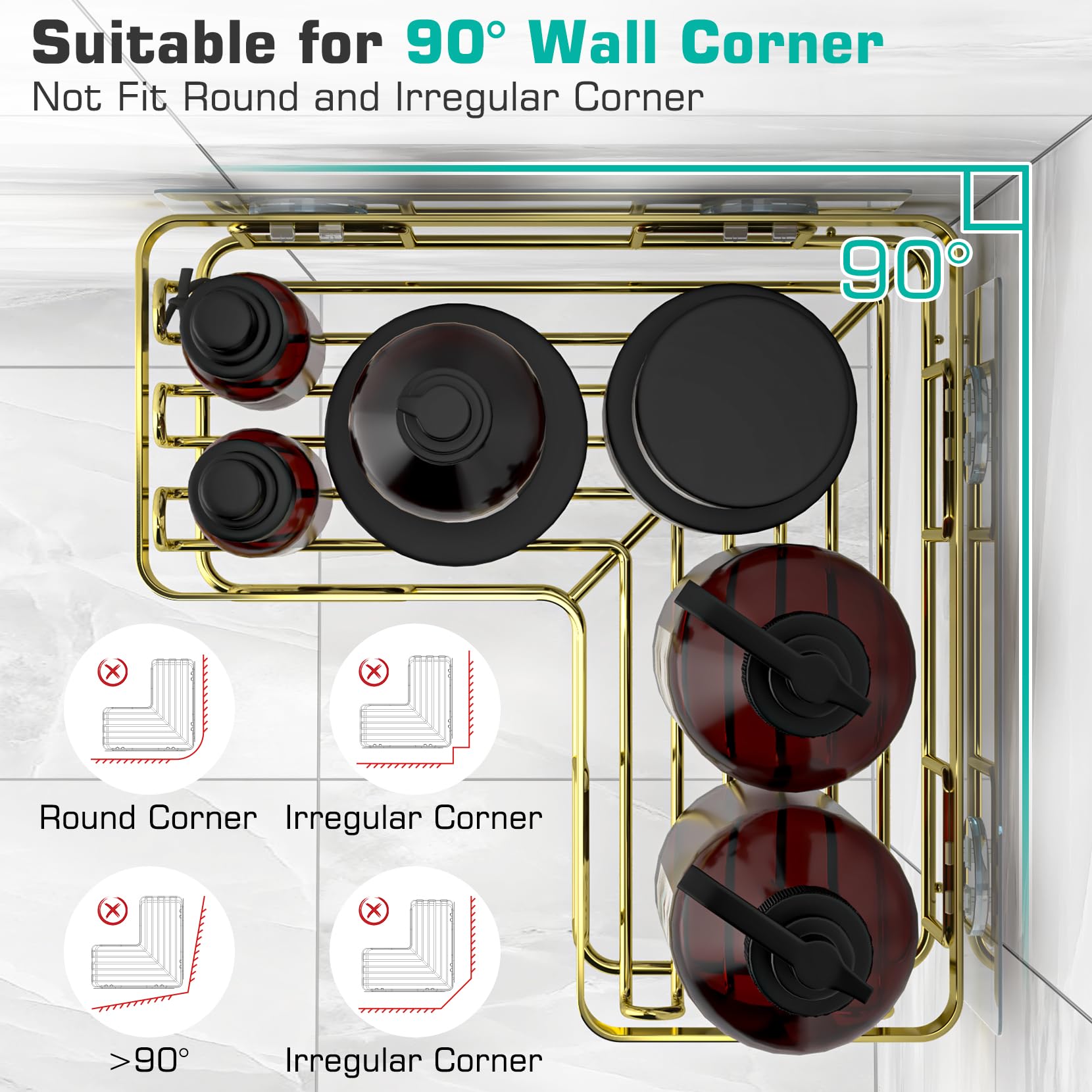 YASONIC corner shower caddy gold-finish delivers a stylish, modern touch to any bathroom.