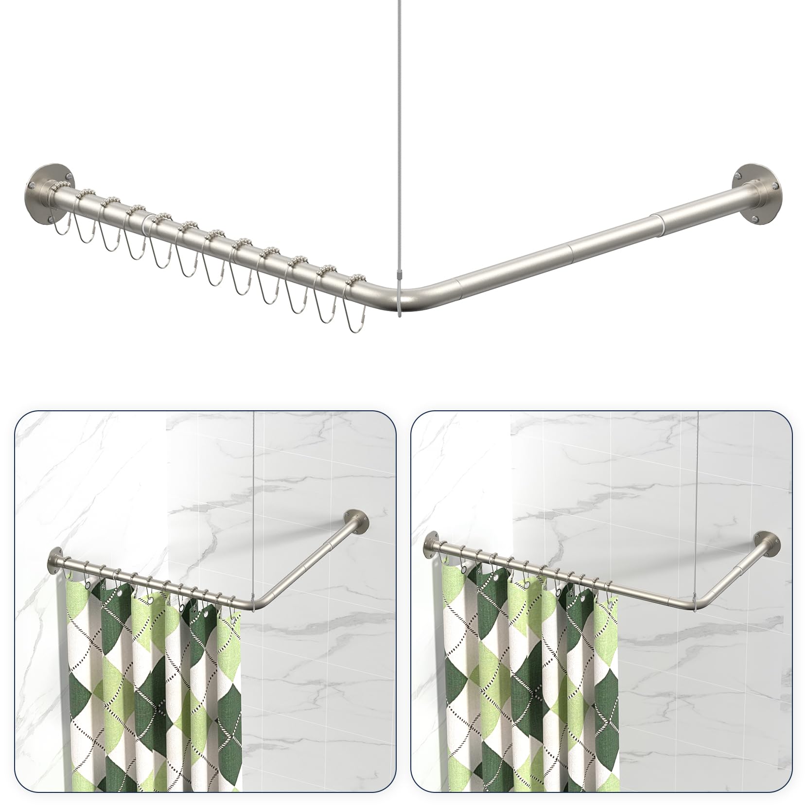 YASONIC L-shaped shower rod in adjustable corner design for flexible bathroom setup.